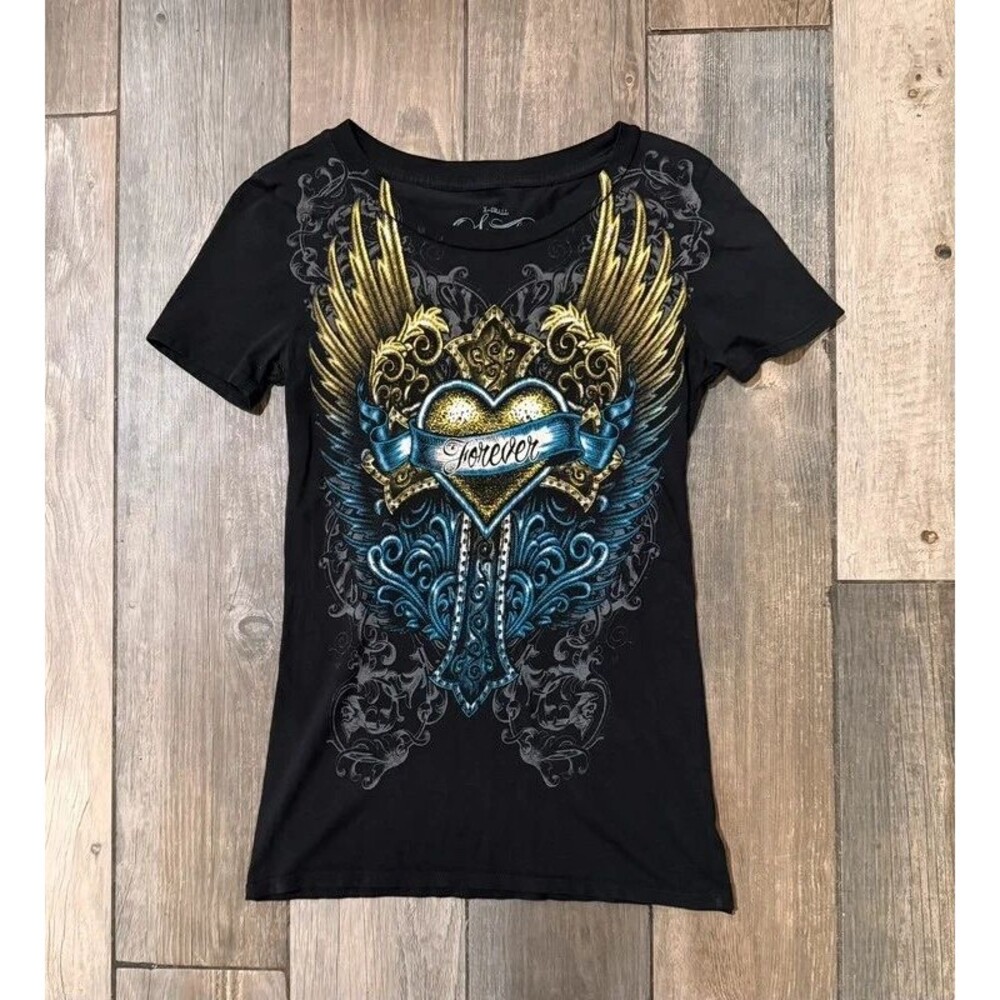 Y2k Sinful by Affliction Heart Wings Goth Forever Top Size XS